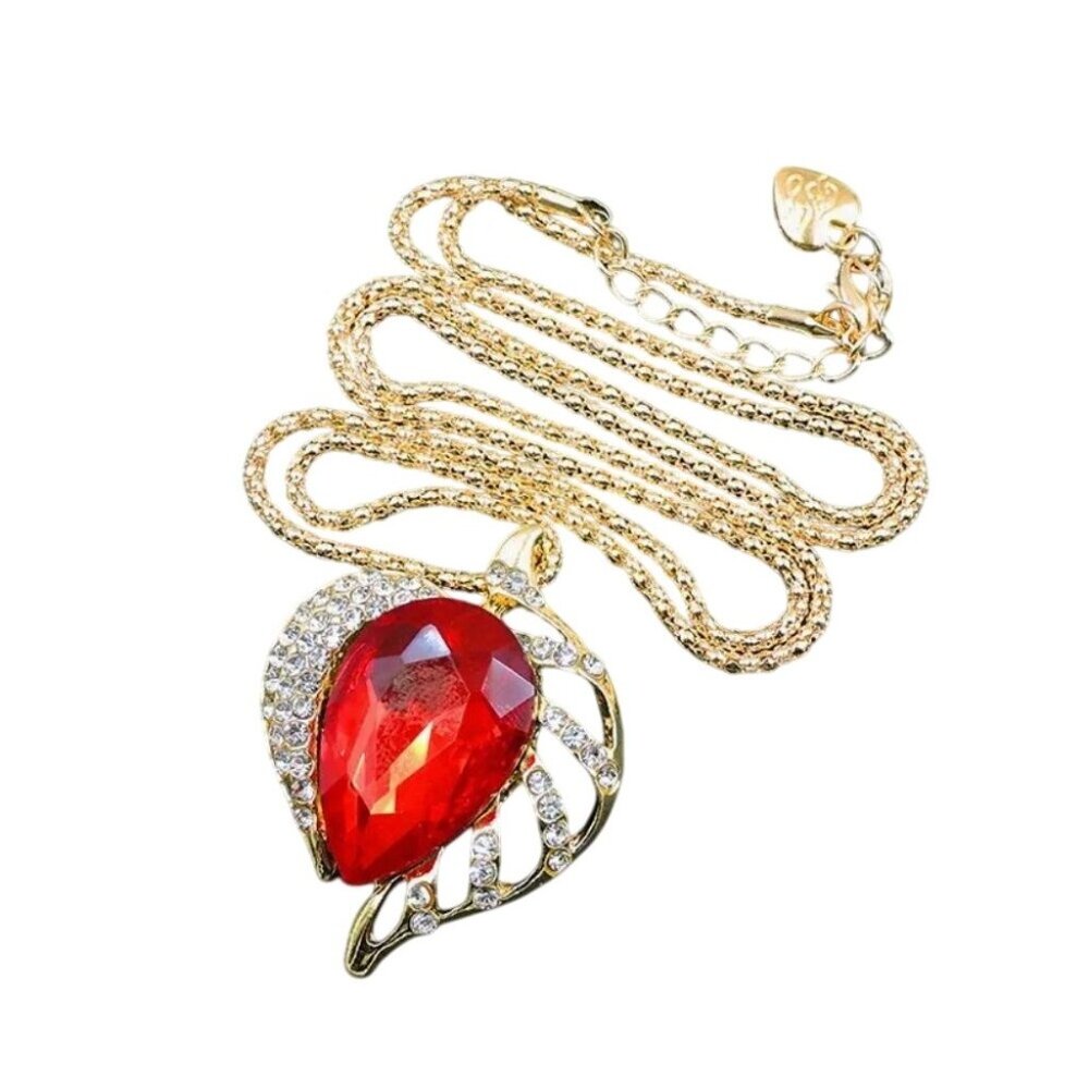 Betsey Johnson Necklace Red Rhinestone with Crystal Pendant Gold Tone